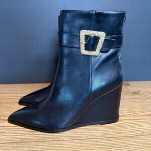 Sam Edelman Black Gold Buckle Weslie Leather Wedge Ankle Boots Womens 7